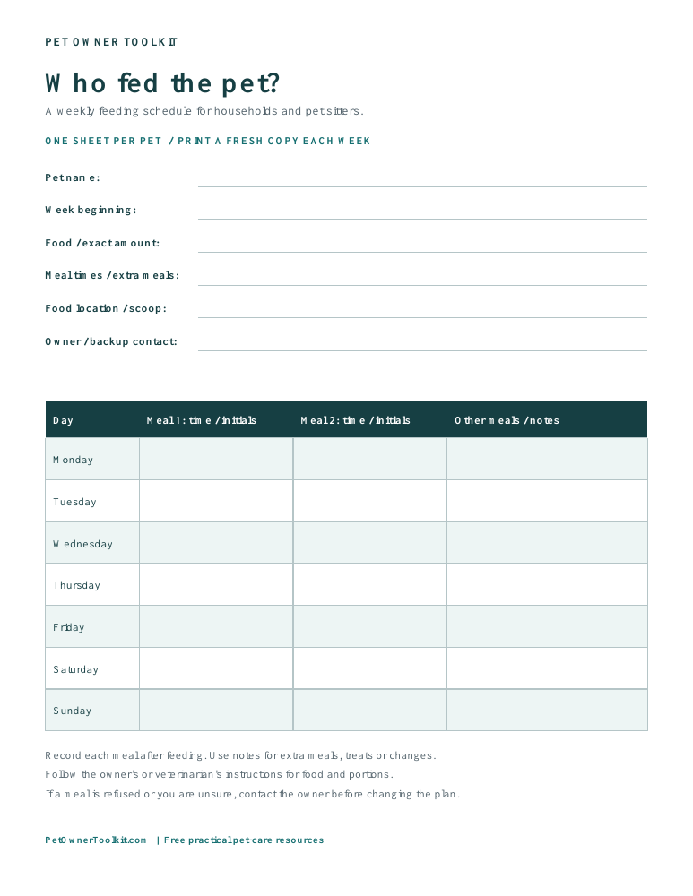 Preview of the free weekly feeding chart: pet instructions and seven rows for meal times, initials and notes